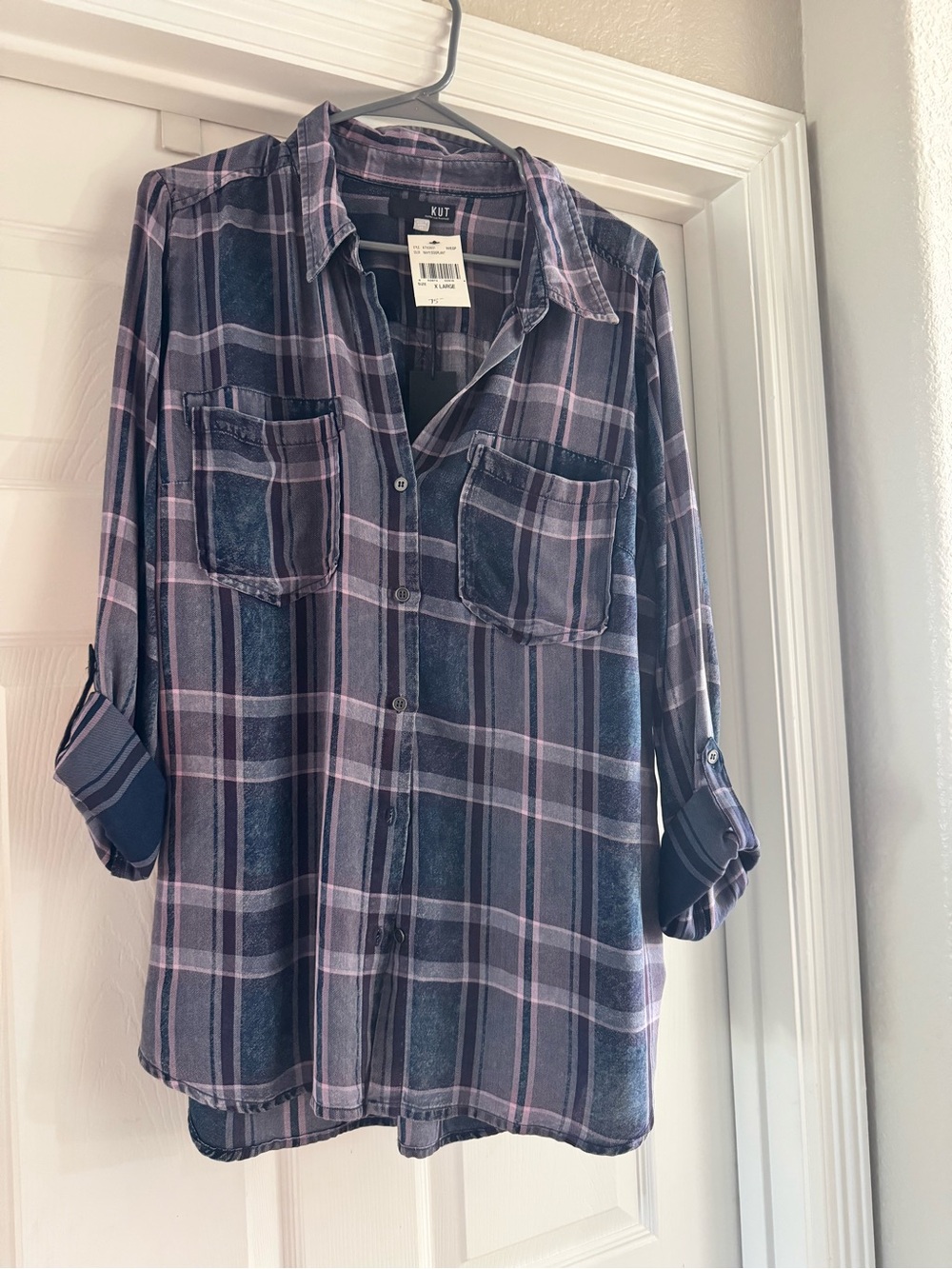 Kut from the Kloth Navy and Eggplant Plaid Button Shirt